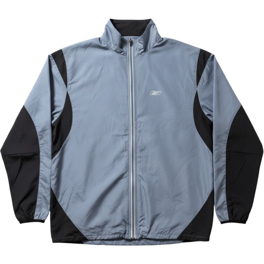 Reebok Windbreaker Jacket‎ Mens L Grey Black Full Zip Reflective Mock Neck Sport